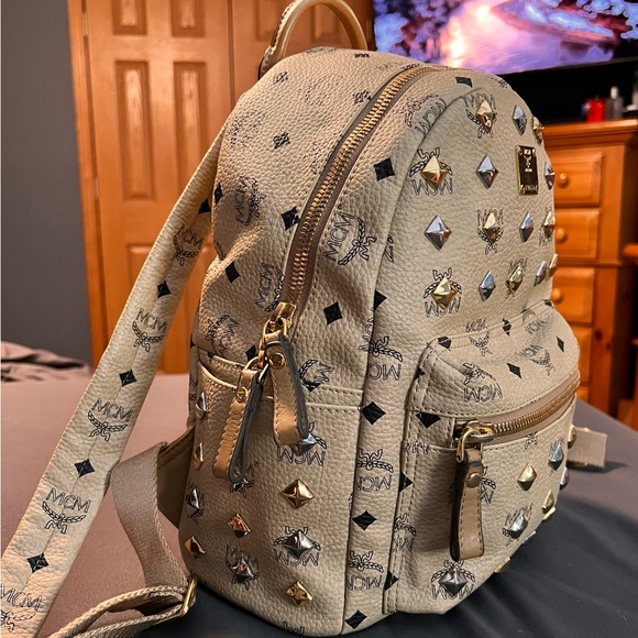 MCM Beige Visetos Silver and Gold Pyramid Studded Backpack - Picture 2 of 16